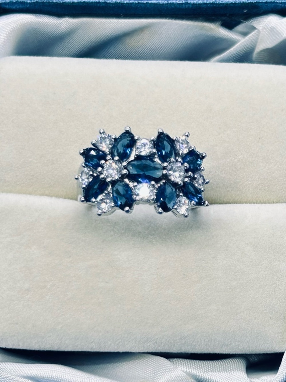 Source Unknown Silver Ring with Deep Blue and Clear Stones